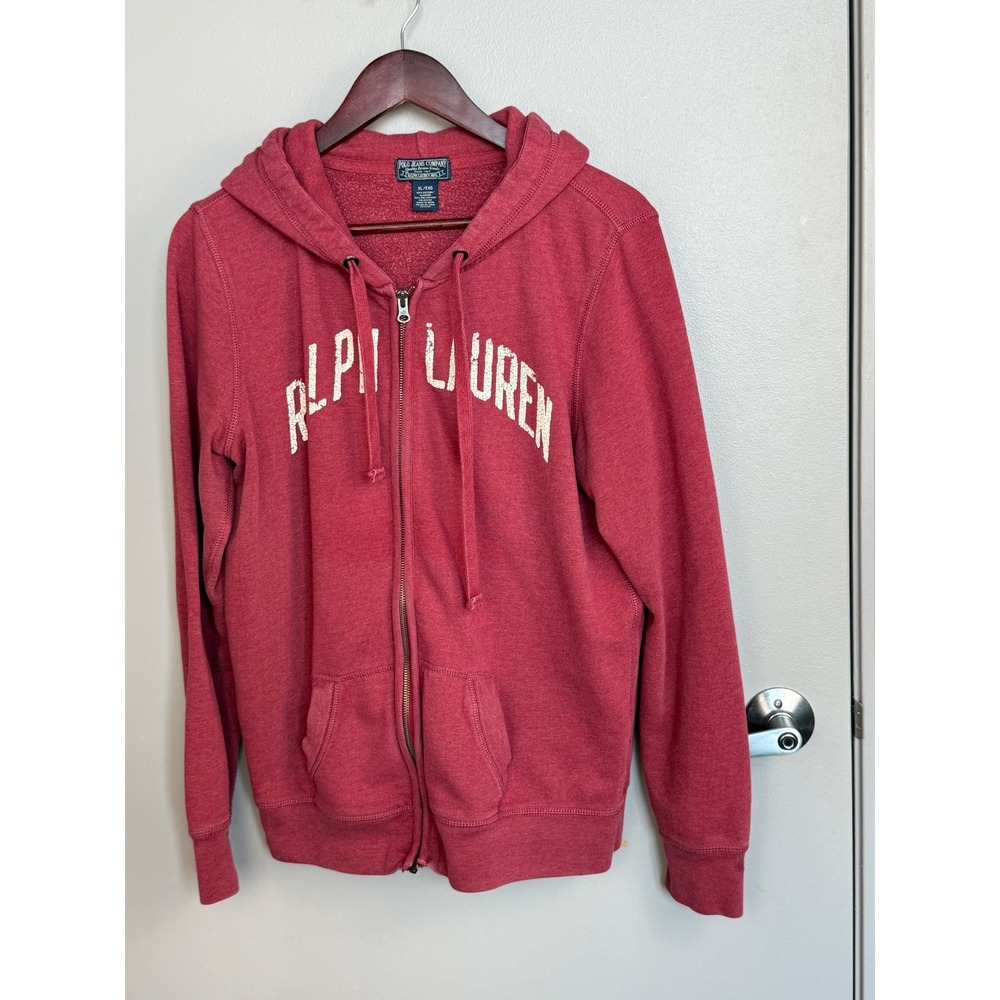 Polo Jeans Co Ralph Lauren Zip Hoodie Mens XL Red Cotton Blend Distressed Logo - Picture 6 of 10